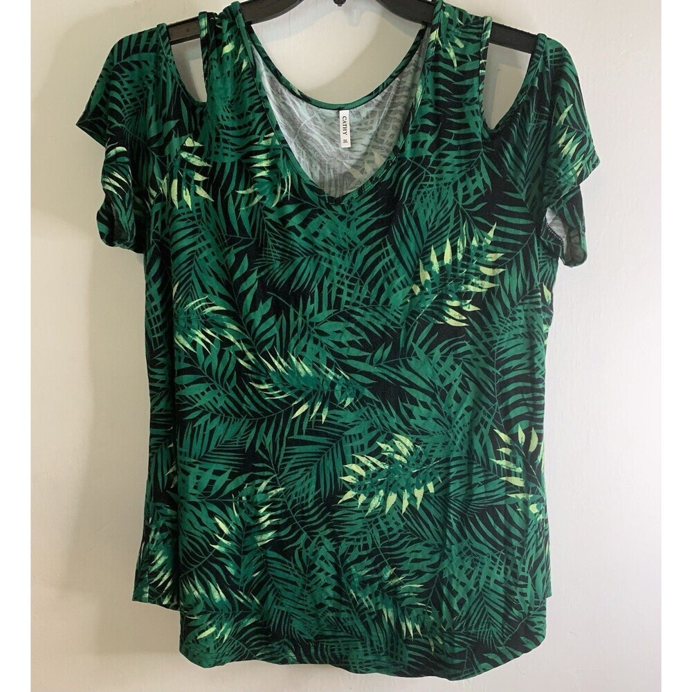 Cathy Palm Tropical Palm V Neck Womens 2XL Flowy Stretch Sleeve Cut Outs Top